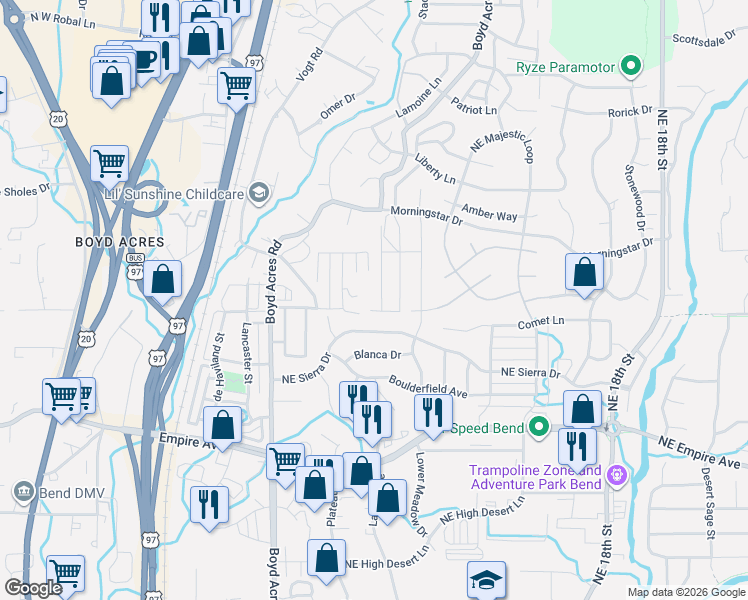 map of restaurants, bars, coffee shops, grocery stores, and more near 20630 Fred Meyers Road in Bend