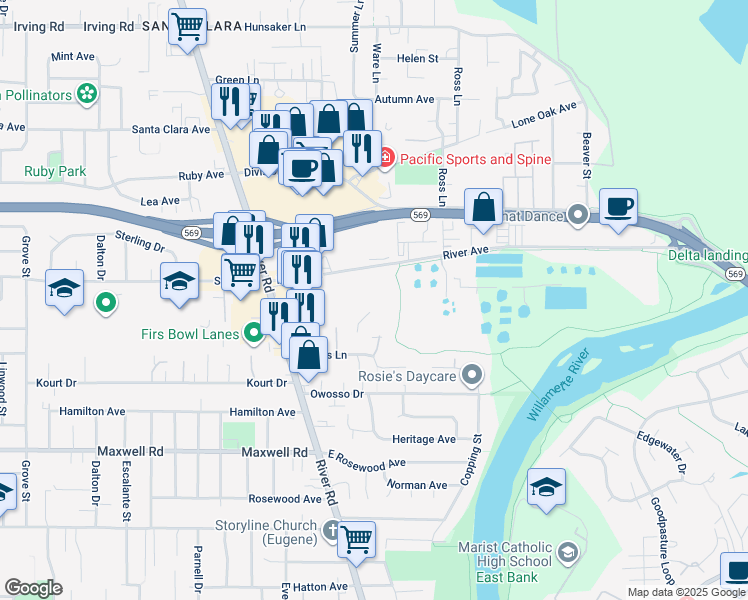 map of restaurants, bars, coffee shops, grocery stores, and more near 130 River Avenue in Eugene