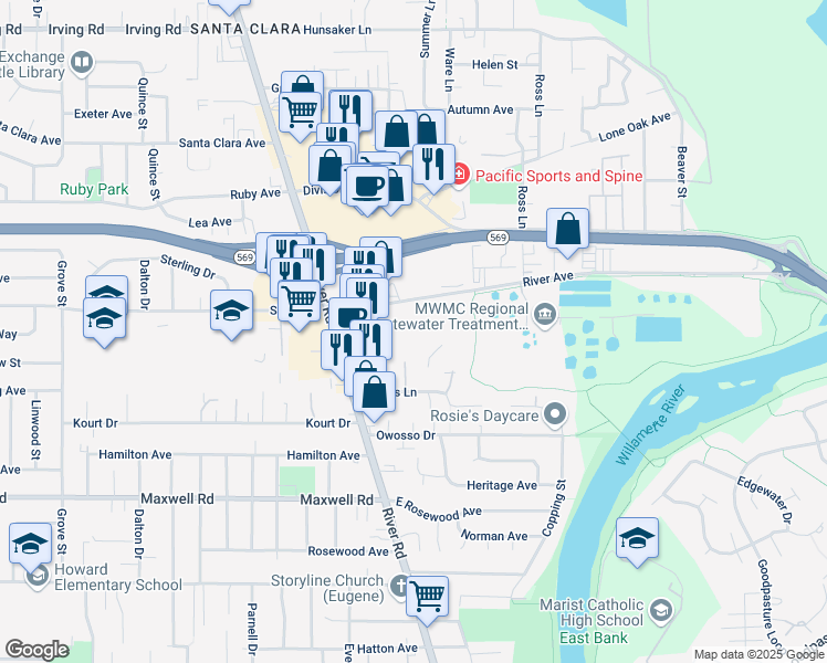 map of restaurants, bars, coffee shops, grocery stores, and more near 150 River Avenue in Eugene