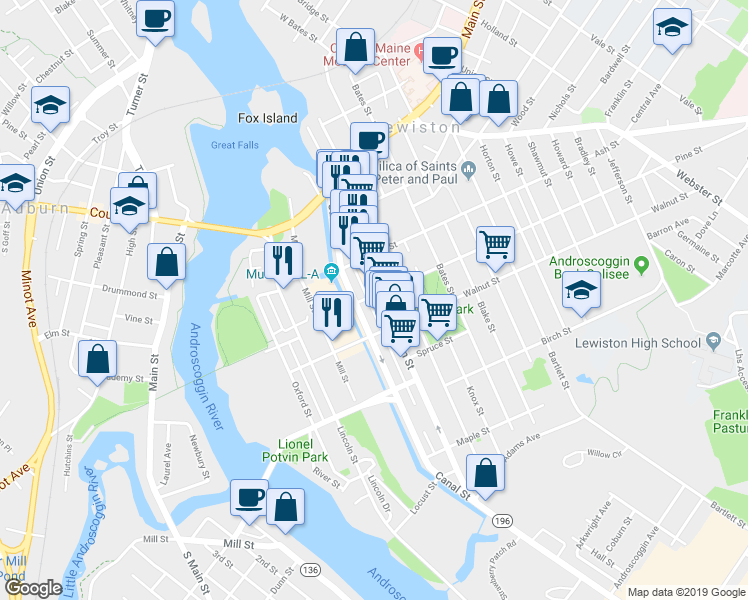 map of restaurants, bars, coffee shops, grocery stores, and more near 191 Maine 196 in Lewiston