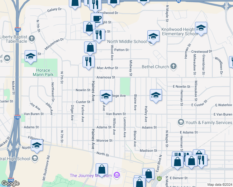 map of restaurants, bars, coffee shops, grocery stores, and more near 1018 Willsie Avenue in Rapid City