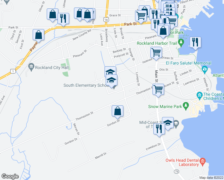 map of restaurants, bars, coffee shops, grocery stores, and more near 30 Broadway in Rockland