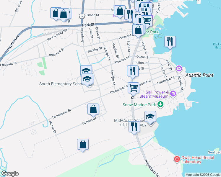 map of restaurants, bars, coffee shops, grocery stores, and more near 9 Autumn Street in Rockland