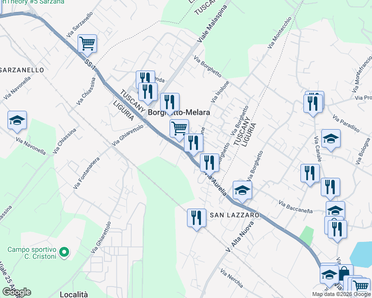 map of restaurants, bars, coffee shops, grocery stores, and more near 32/A Via Aurelia in Fosdinovo