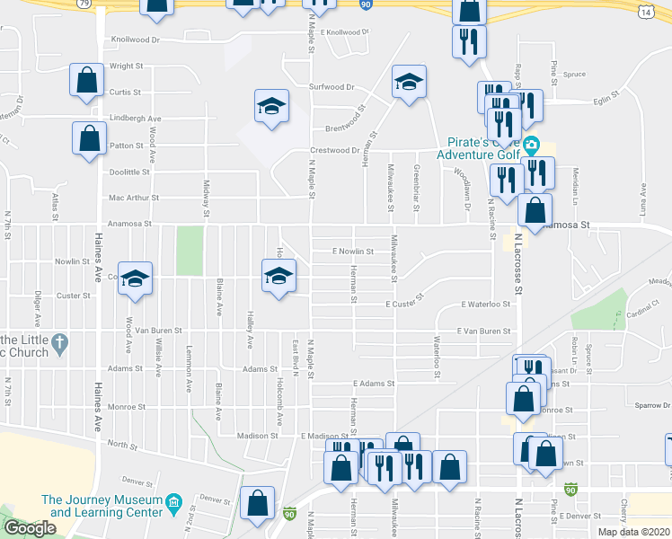 map of restaurants, bars, coffee shops, grocery stores, and more near 126 East College Avenue in Rapid City