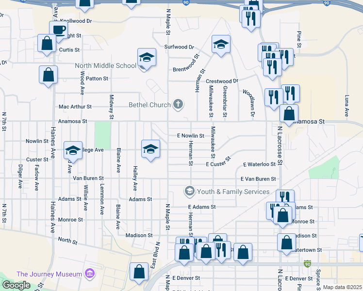 map of restaurants, bars, coffee shops, grocery stores, and more near 121 East Nowlin Street in Rapid City