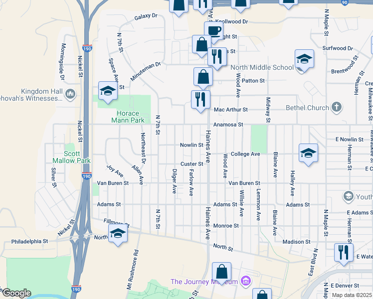 map of restaurants, bars, coffee shops, grocery stores, and more near 534 Nowlin Street in Rapid City