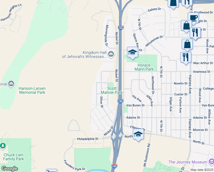 map of restaurants, bars, coffee shops, grocery stores, and more near 1111-1145 Nowlin Street in Rapid City