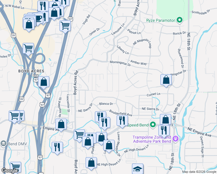 map of restaurants, bars, coffee shops, grocery stores, and more near 20630 Fred Meyers Road in Bend