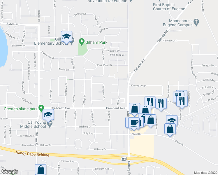 map of restaurants, bars, coffee shops, grocery stores, and more near 2940 Matt Drive in Eugene