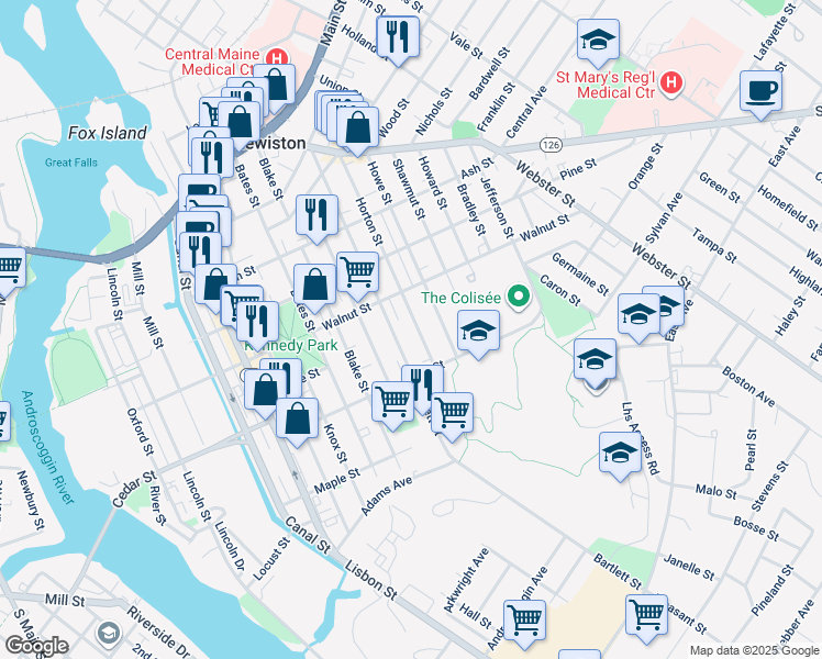map of restaurants, bars, coffee shops, grocery stores, and more near 124 Horton Street in Lewiston