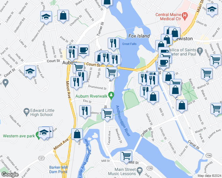 map of restaurants, bars, coffee shops, grocery stores, and more near 170 Main Street in Auburn