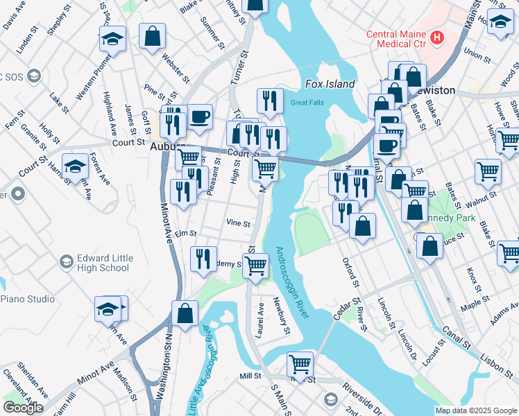 map of restaurants, bars, coffee shops, grocery stores, and more near 170 Main Street in Auburn
