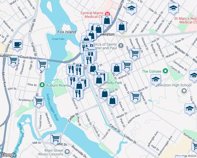 map of restaurants, bars, coffee shops, grocery stores, and more near 220 Lisbon Street in Lewiston