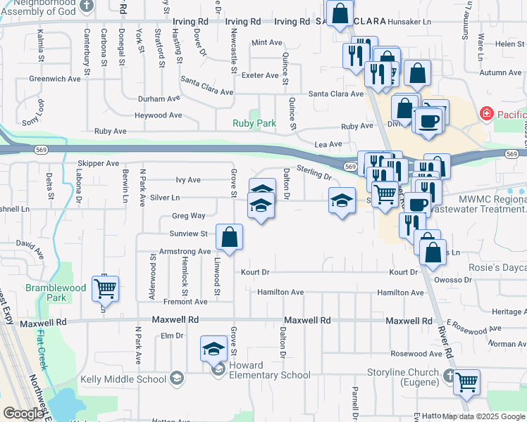 map of restaurants, bars, coffee shops, grocery stores, and more near 250 Silver Lane in Eugene