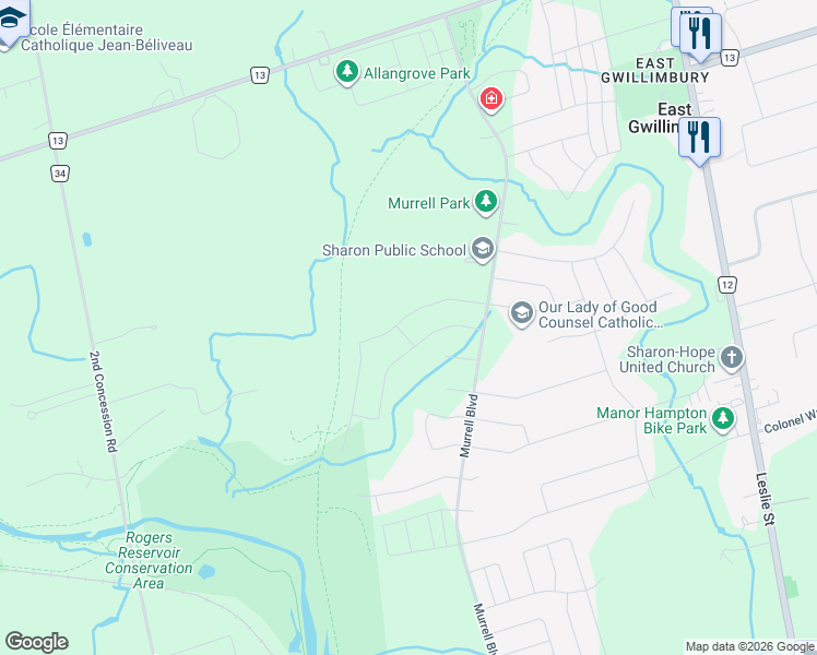 map of restaurants, bars, coffee shops, grocery stores, and more near Charles White Court in East Gwillimbury