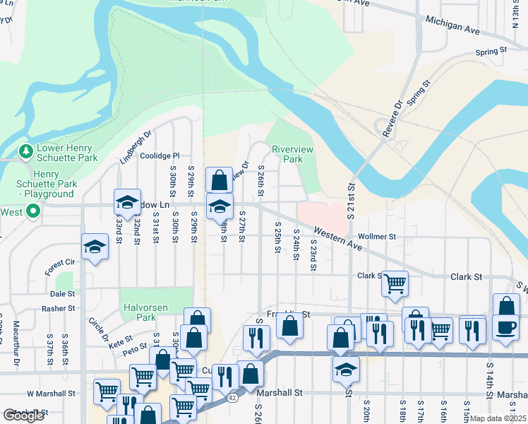map of restaurants, bars, coffee shops, grocery stores, and more near 2515 Western Avenue in Manitowoc