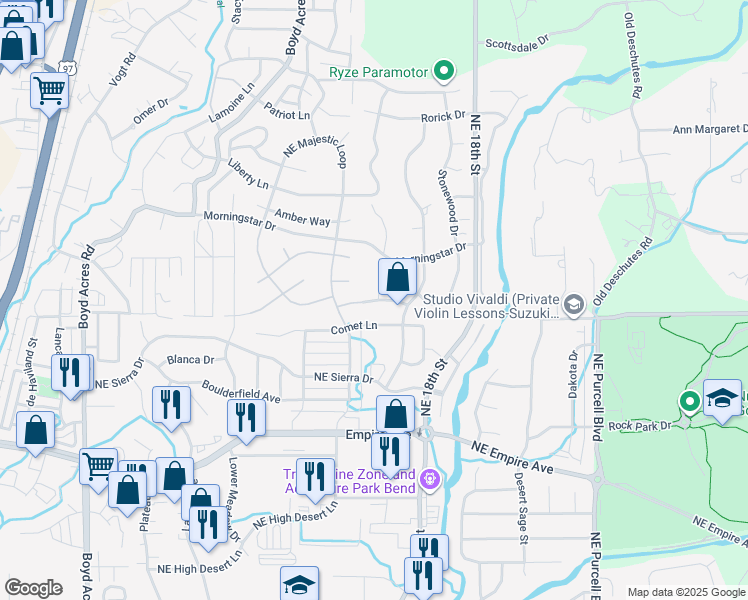 map of restaurants, bars, coffee shops, grocery stores, and more near Cassin Drive in Bend