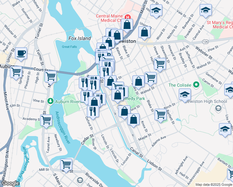 map of restaurants, bars, coffee shops, grocery stores, and more near 220 Lisbon Street in Lewiston