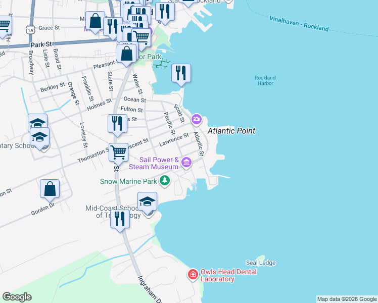 map of restaurants, bars, coffee shops, grocery stores, and more near 13 South Street in Rockland