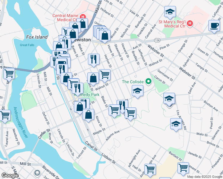 map of restaurants, bars, coffee shops, grocery stores, and more near 135 Bartlett Street in Lewiston