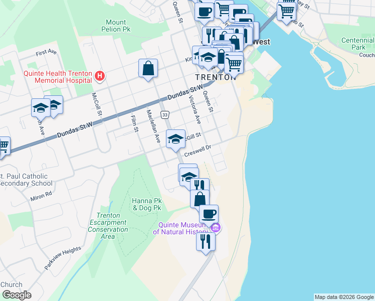 map of restaurants, bars, coffee shops, grocery stores, and more near 94 Creswell Drive in Quinte West