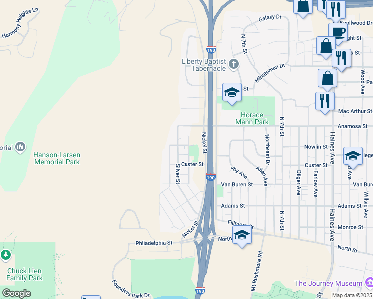 map of restaurants, bars, coffee shops, grocery stores, and more near 1111 Nowlin Street in Rapid City