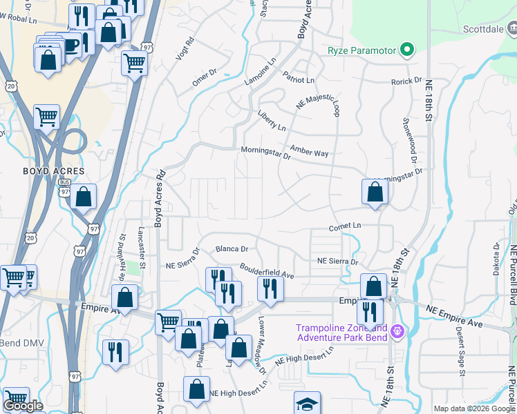 map of restaurants, bars, coffee shops, grocery stores, and more near 20700 Wishing Well Court in Bend