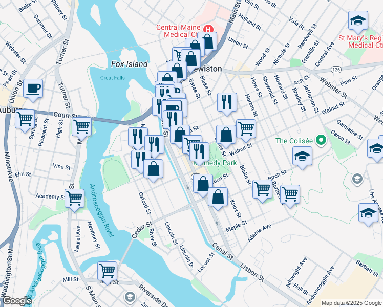 map of restaurants, bars, coffee shops, grocery stores, and more near 25 Pine Street in Lewiston
