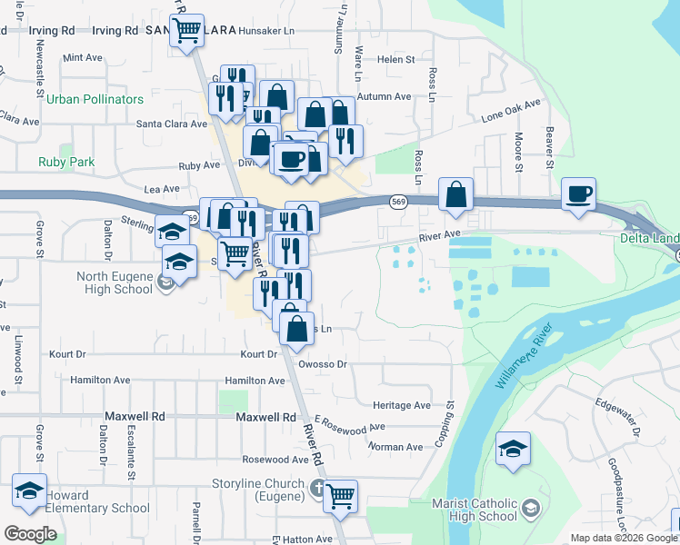 map of restaurants, bars, coffee shops, grocery stores, and more near 130 River Avenue in Eugene