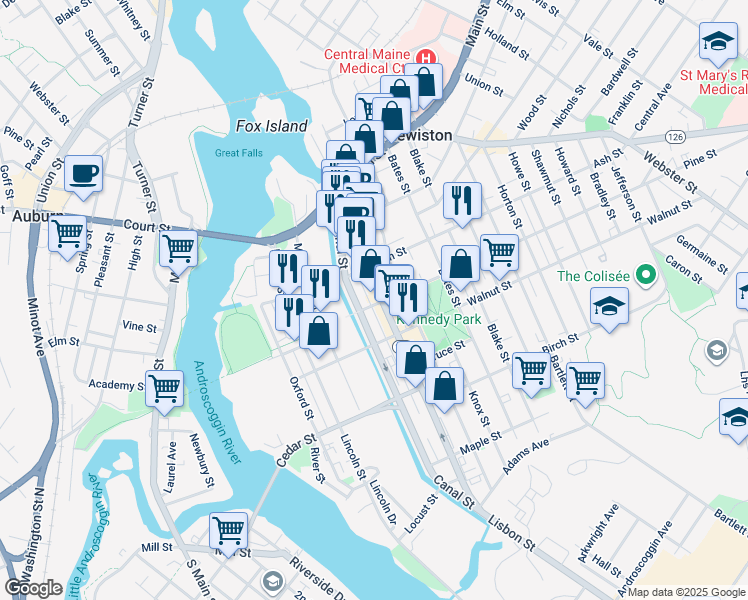 map of restaurants, bars, coffee shops, grocery stores, and more near 191 Maine 196 in Lewiston