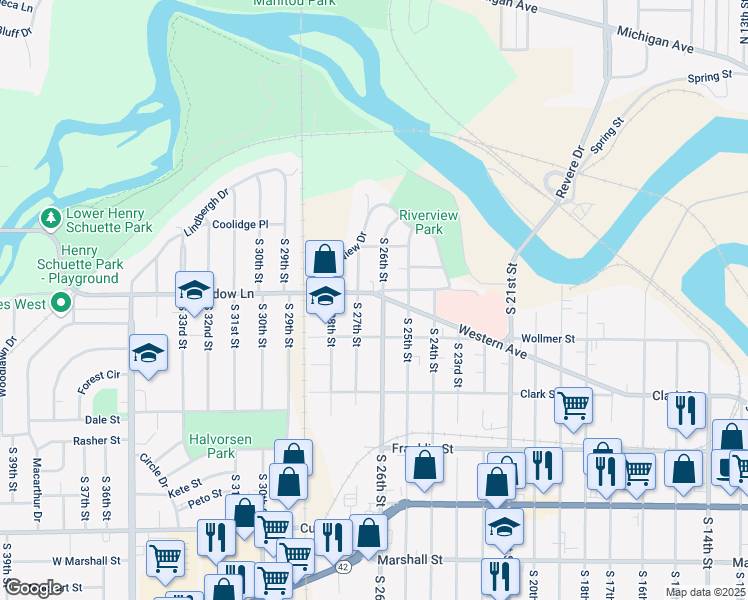 map of restaurants, bars, coffee shops, grocery stores, and more near 2616 Meadow Lane in Manitowoc