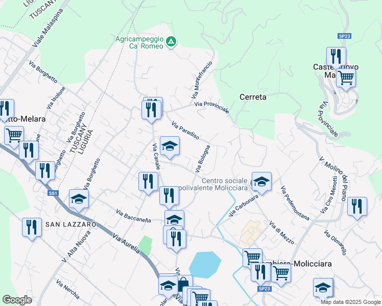 map of restaurants, bars, coffee shops, grocery stores, and more near 12 Via Bologna in Colombiera-Molicciara