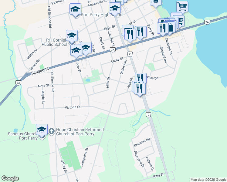 map of restaurants, bars, coffee shops, grocery stores, and more near 145 Union Avenue in Port Perry