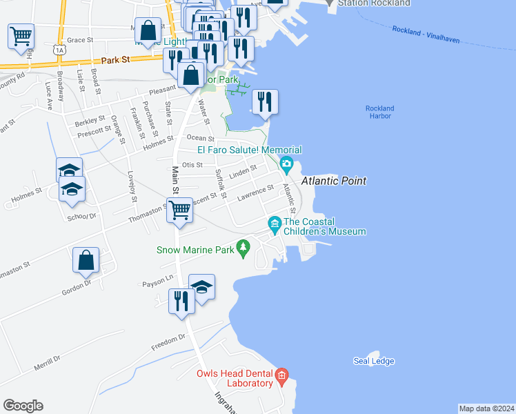 map of restaurants, bars, coffee shops, grocery stores, and more near 17 Pacific Street in Rockland