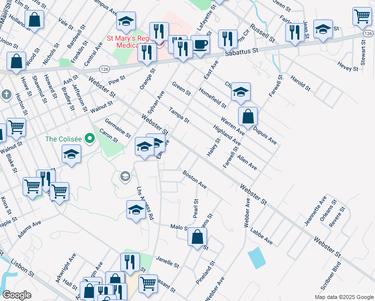 map of restaurants, bars, coffee shops, grocery stores, and more near 209 Webster Street in Lewiston