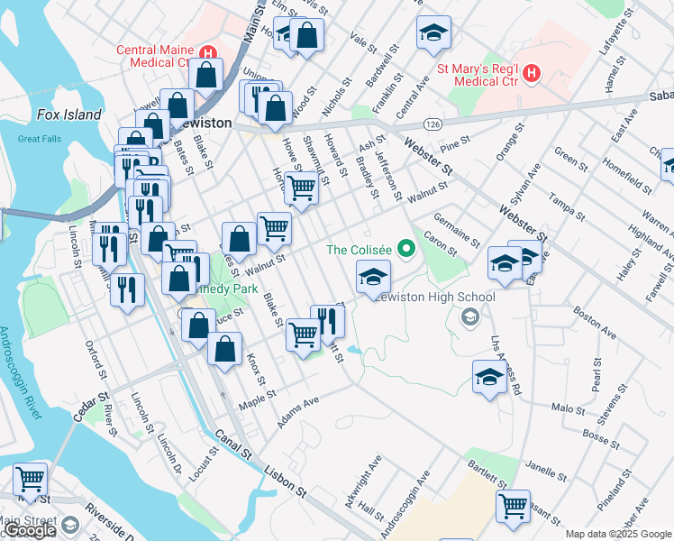 map of restaurants, bars, coffee shops, grocery stores, and more near 124 Horton Street in Lewiston