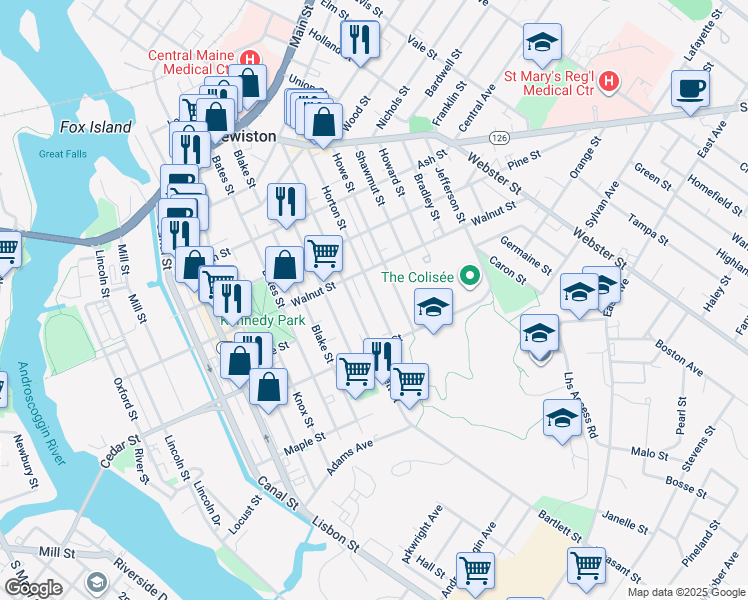 map of restaurants, bars, coffee shops, grocery stores, and more near 124 Horton Street in Lewiston