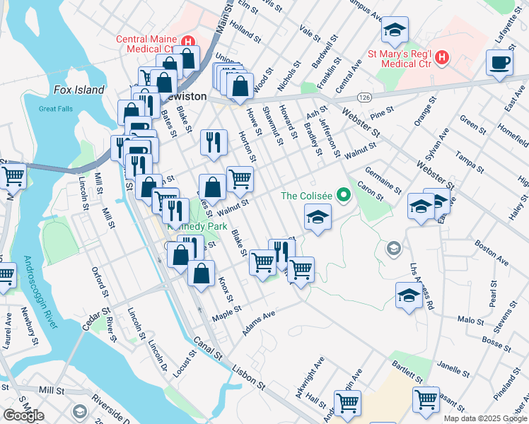 map of restaurants, bars, coffee shops, grocery stores, and more near 135 Bartlett Street in Lewiston