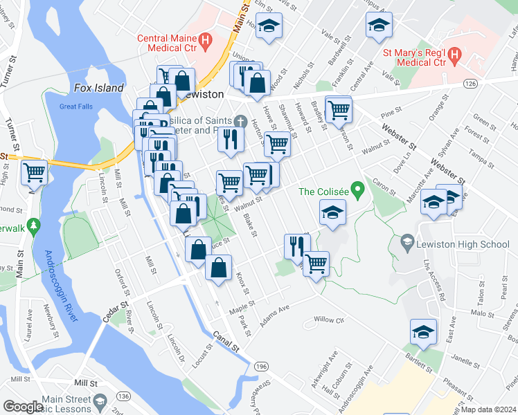 map of restaurants, bars, coffee shops, grocery stores, and more near 135 Bartlett Street in Lewiston