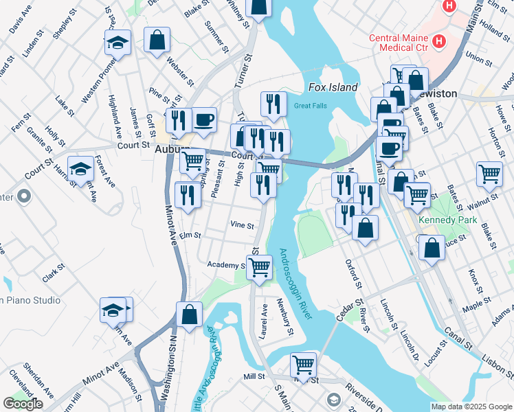 map of restaurants, bars, coffee shops, grocery stores, and more near 170 Main Street in Auburn