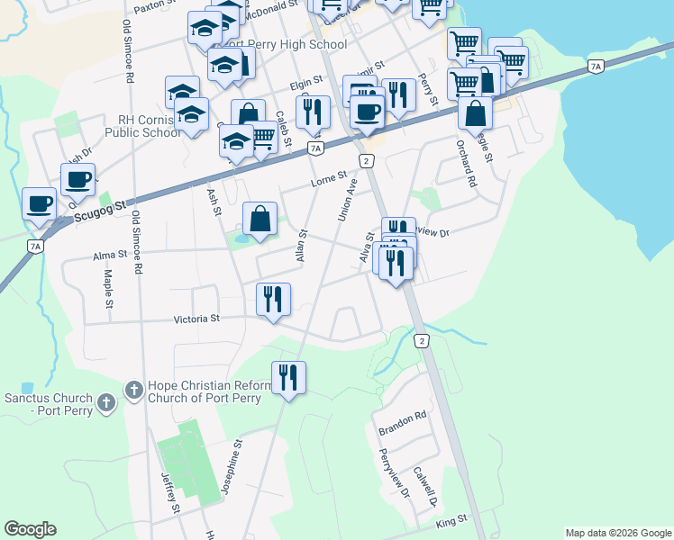 map of restaurants, bars, coffee shops, grocery stores, and more near 145 Union Avenue in Port Perry