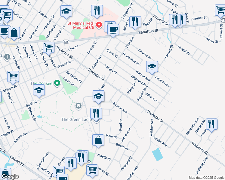 map of restaurants, bars, coffee shops, grocery stores, and more near 209 Webster Street in Lewiston