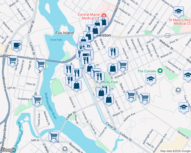 map of restaurants, bars, coffee shops, grocery stores, and more near Pine St & Park Alley in Lewiston