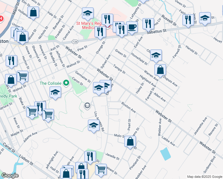 map of restaurants, bars, coffee shops, grocery stores, and more near 163 East Avenue in Lewiston