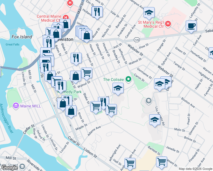 map of restaurants, bars, coffee shops, grocery stores, and more near 124 Horton Street in Lewiston