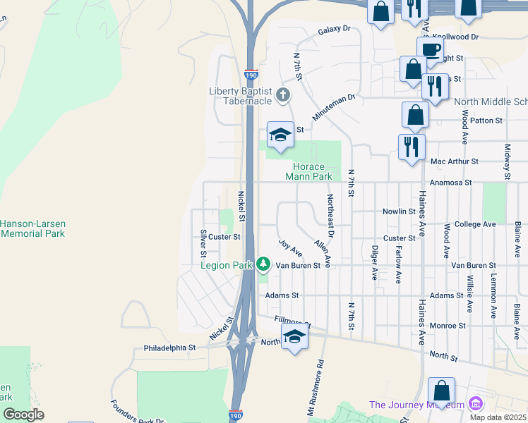 map of restaurants, bars, coffee shops, grocery stores, and more near 1008 West Boulevard North in Rapid City