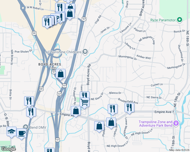 map of restaurants, bars, coffee shops, grocery stores, and more near 20593 Fred Meyers Road in Bend