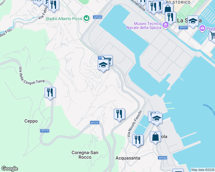 map of restaurants, bars, coffee shops, grocery stores, and more near 17 Via Fontanella in La Spezia
