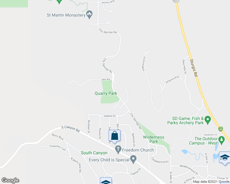 map of restaurants, bars, coffee shops, grocery stores, and more near 1122 City Springs Road in Rapid City